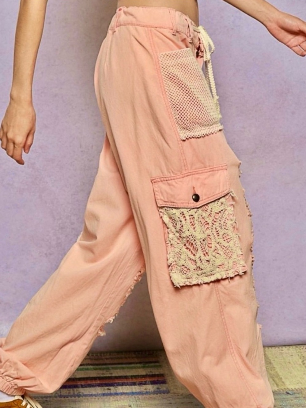 NEW SPECIAL price : POL Peach Distressed Cargo Pants with Lace Patches - Picture 2 of 4